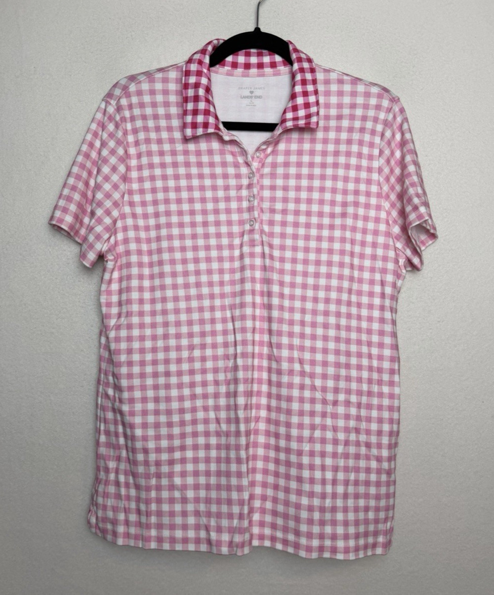 Draper James Lands End Women's Pink Gingham Check Polo Shirt Size L Short Sleeve